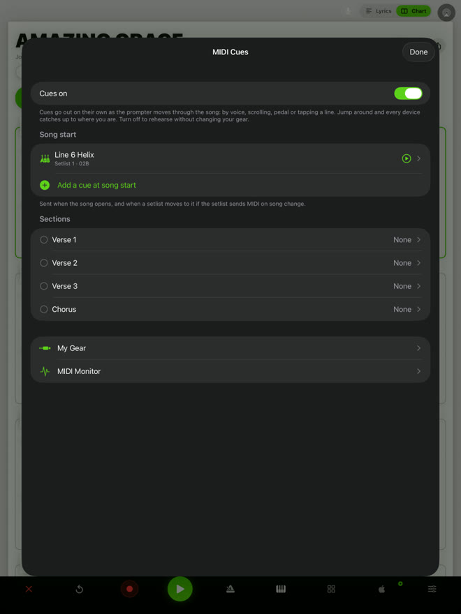QMe MIDI Cues screen: a Line 6 Helix preset at song start, cues for each section, My Gear and MIDI Monitor
