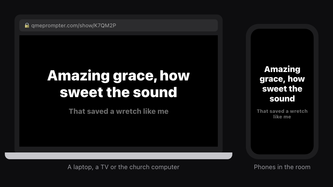 The QMe Audience View on a laptop and a phone: the line being sung, big, with the next line underneath