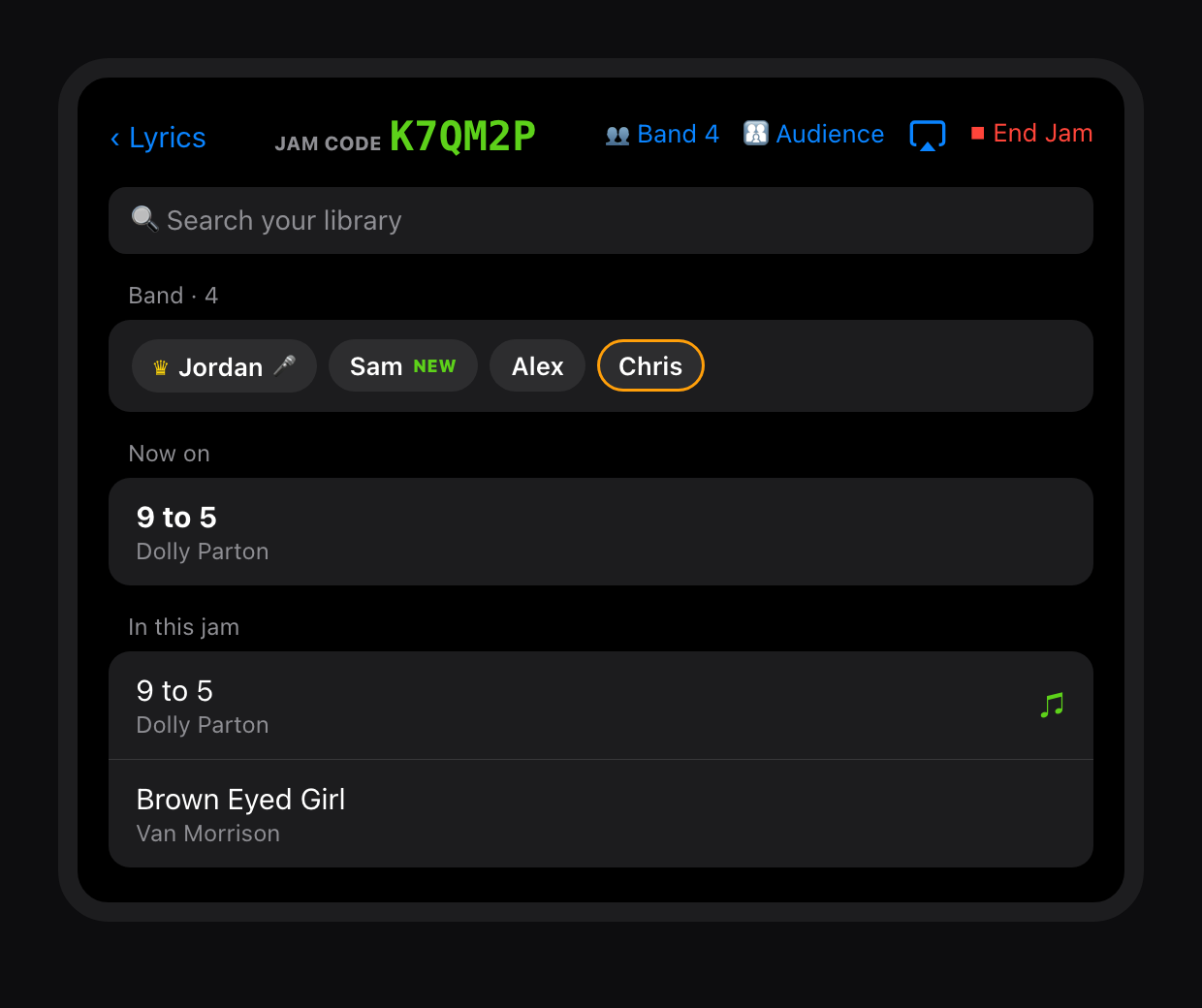 QMe Jam home: the green join code, the band, and search your library