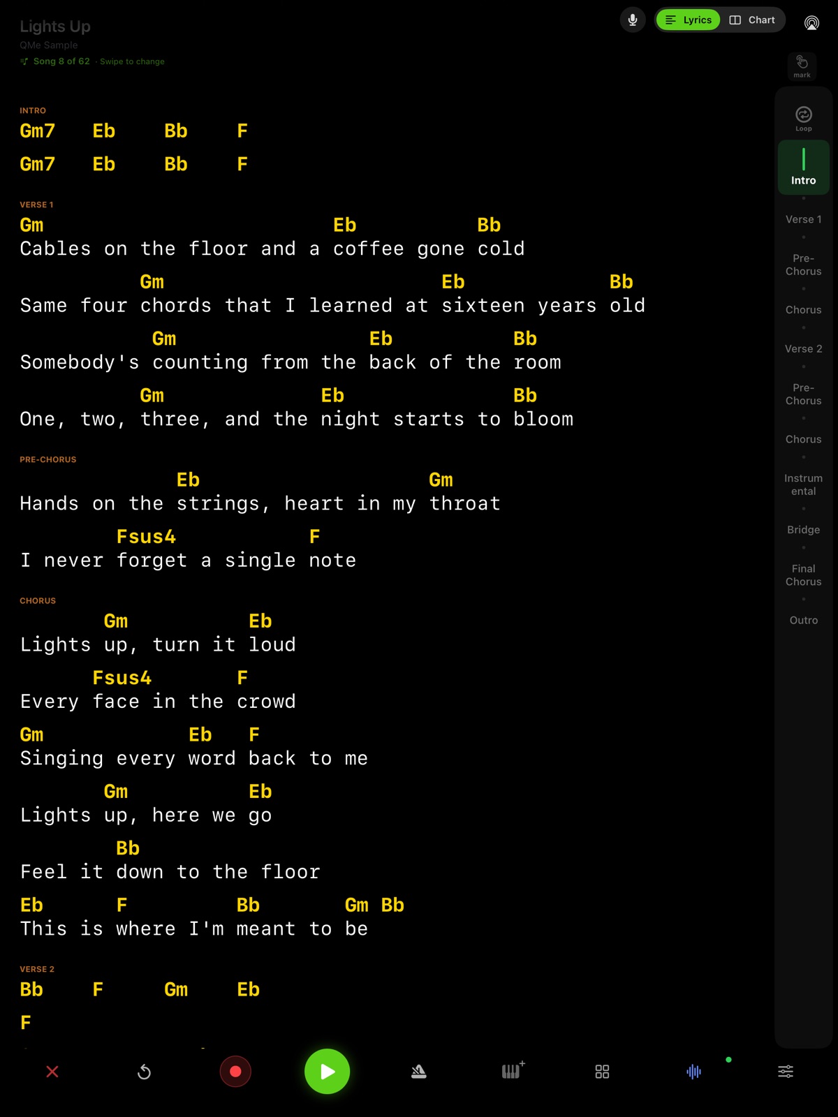 QMe Prompter showing a Suno song, Lights Up, with chords written over every line of the lyrics