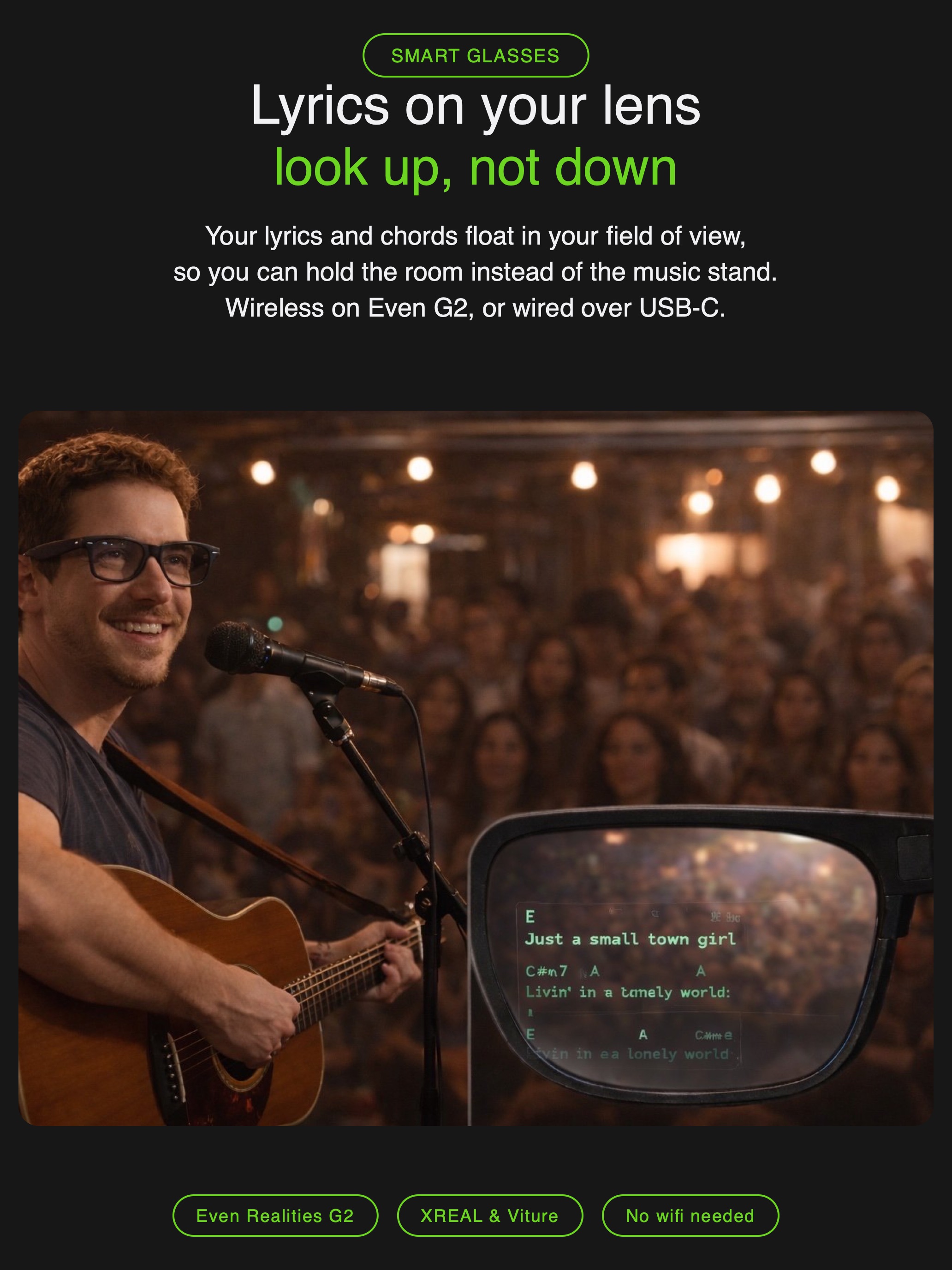 Lyrics and chords on smart glasses while performing